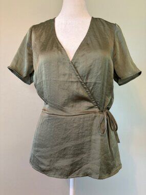 NWT Lucky Brand Billie Olive Green Silky Short Sleeve Wrap Top Size XS